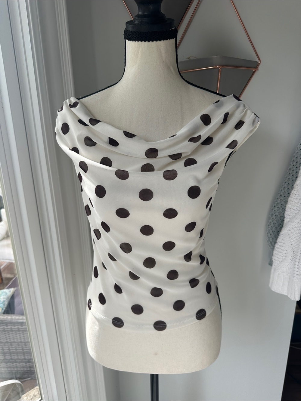 Polka Dot Cowl Neck Shirt Top - White Brown Mesh Off the Shoulder Size Small